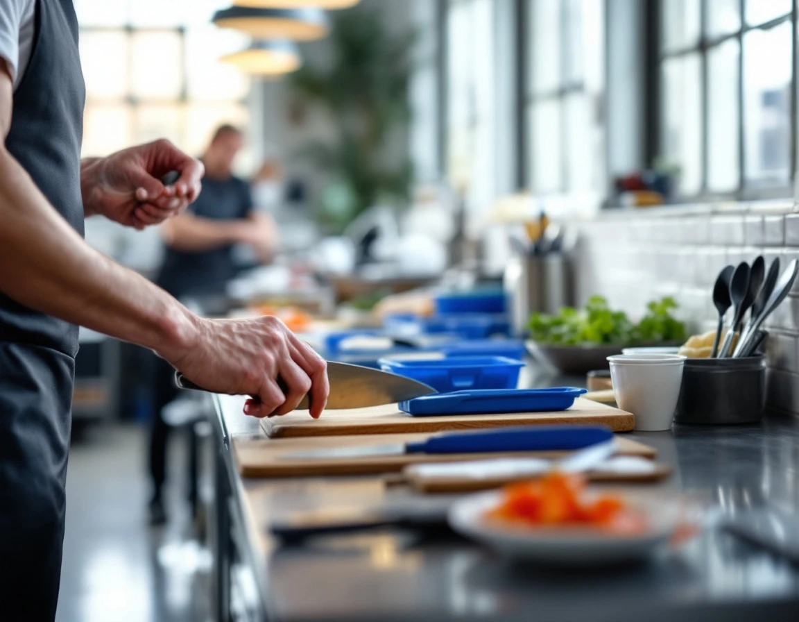 Training workstation with culinary tools and prep materials arranged on stainless steel table in commercial kitchen