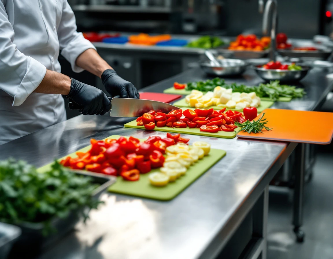 Hands demonstrating knife technique on prep station with organized mise en place containers