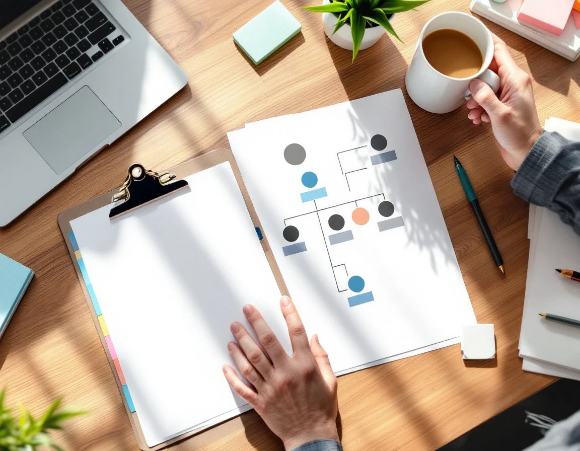 Training materials and organizational chart on desk during restaurant leadership development session