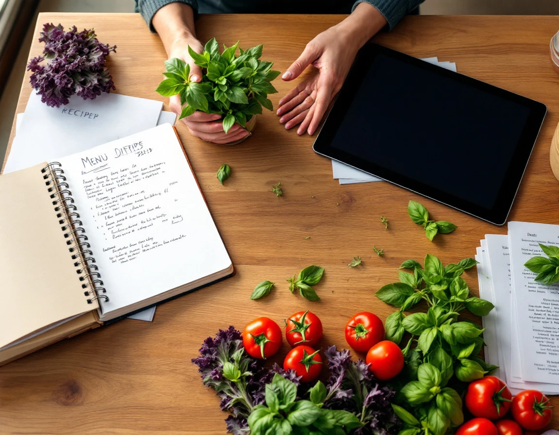 Restaurant manager workspace with fresh produce, planning materials, and professional organizational tools