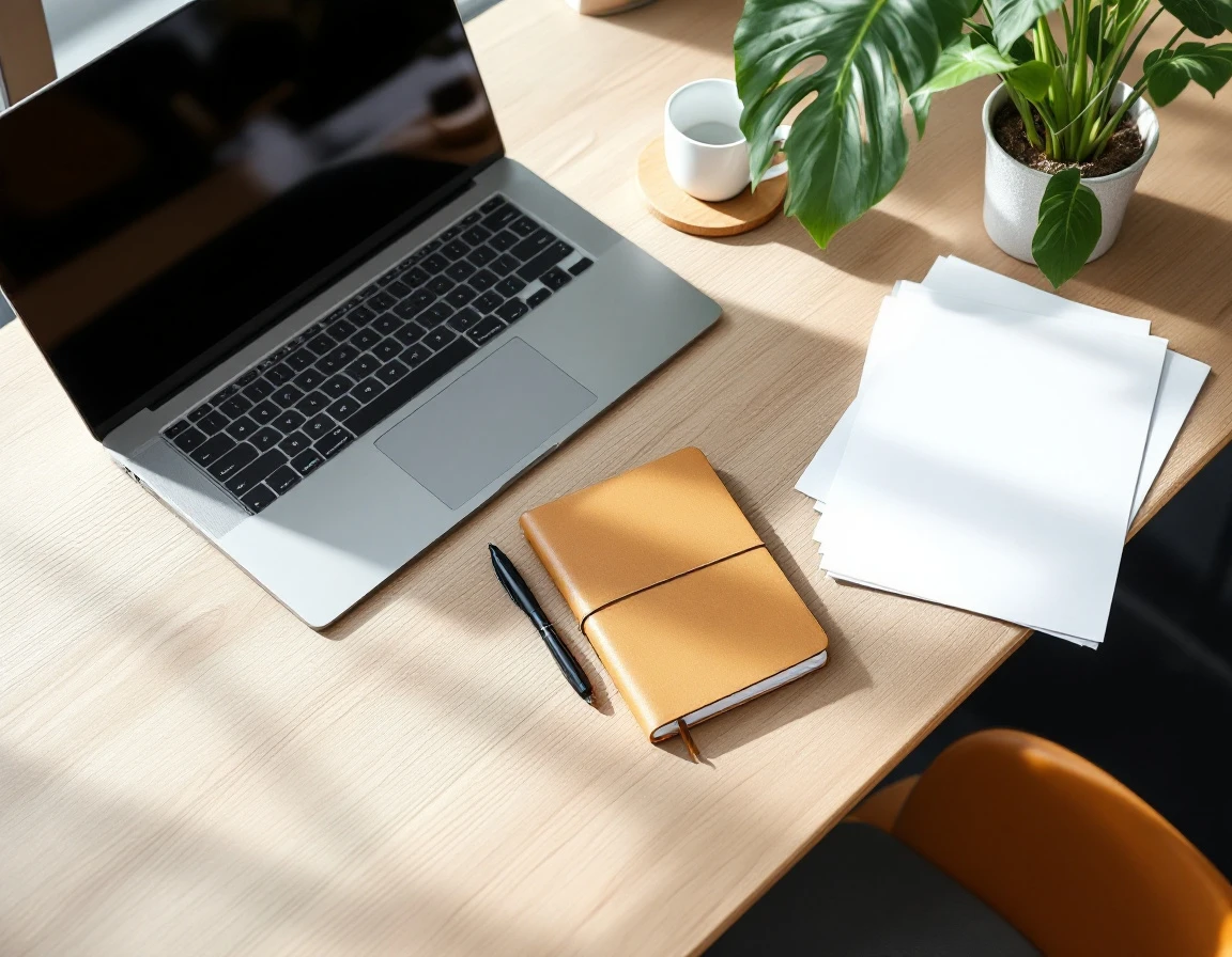 Clean workspace with closed laptop, coffee, and blank materials ready for ROI analysis