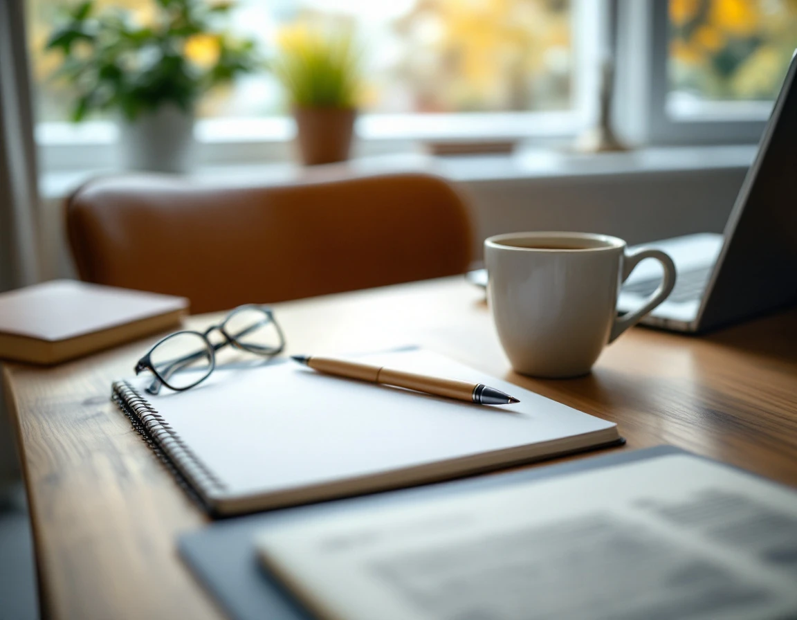 Blank notebook on wooden office desk with coffee mug, glasses, and pen for compliance training documentation