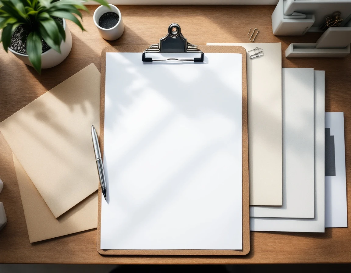 Organized desk workspace with blank clipboard, folders, and office supplies for compliance documentation