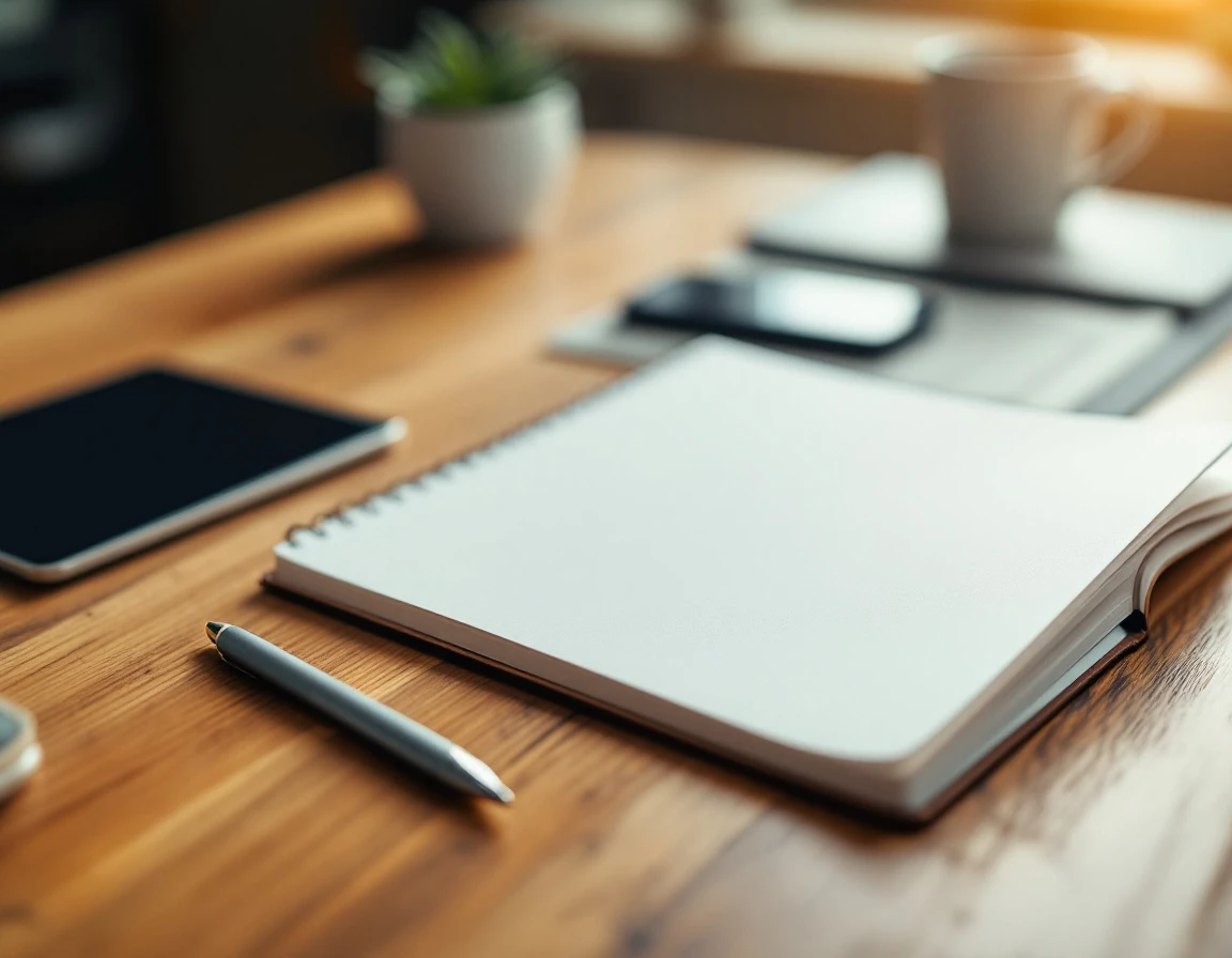 Blurred notebook on wooden desk with pen, coffee cup, and succulent plant in natural morning light
