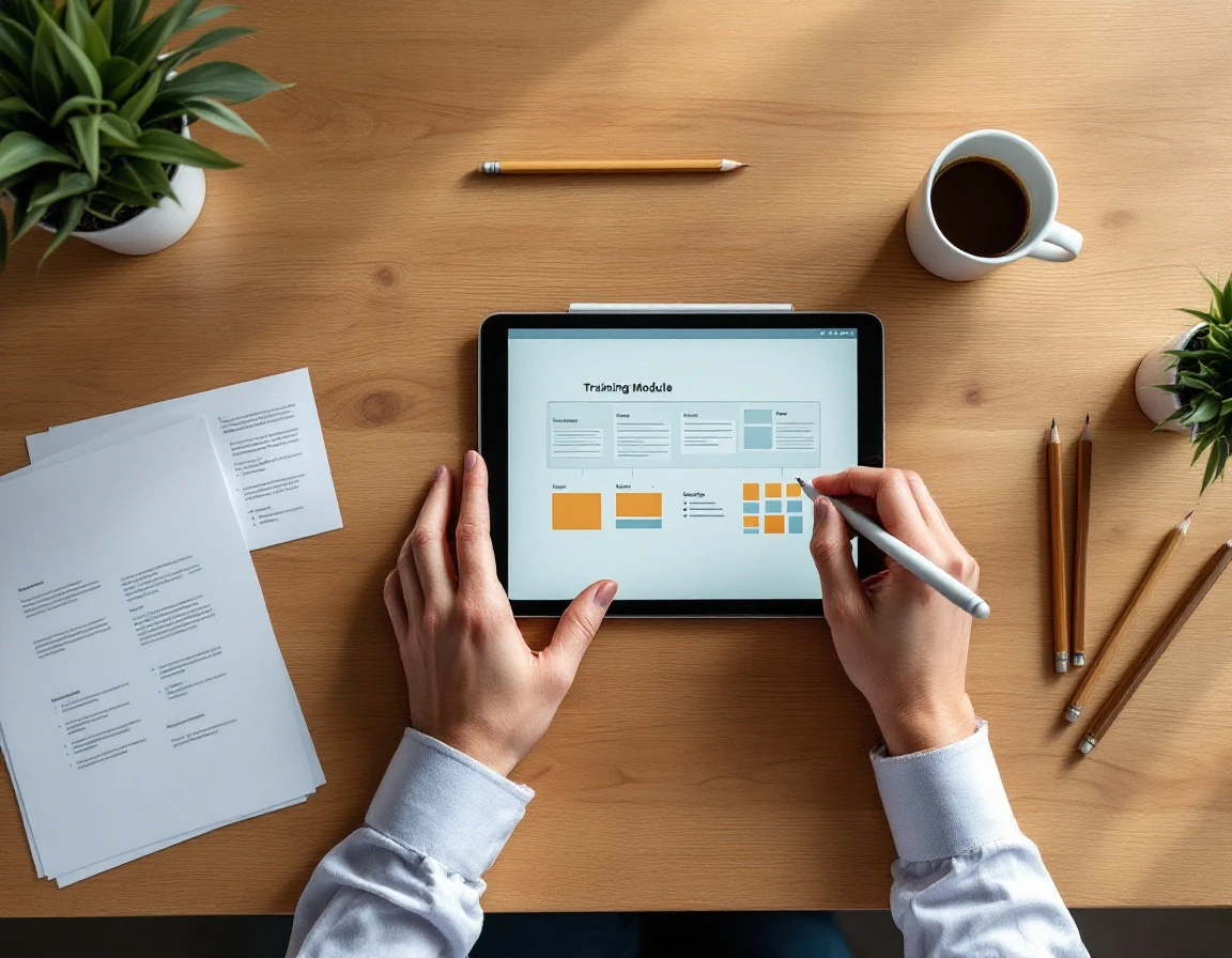 Designer's hands using stylus on tablet displaying training module wireframes on wooden workspace