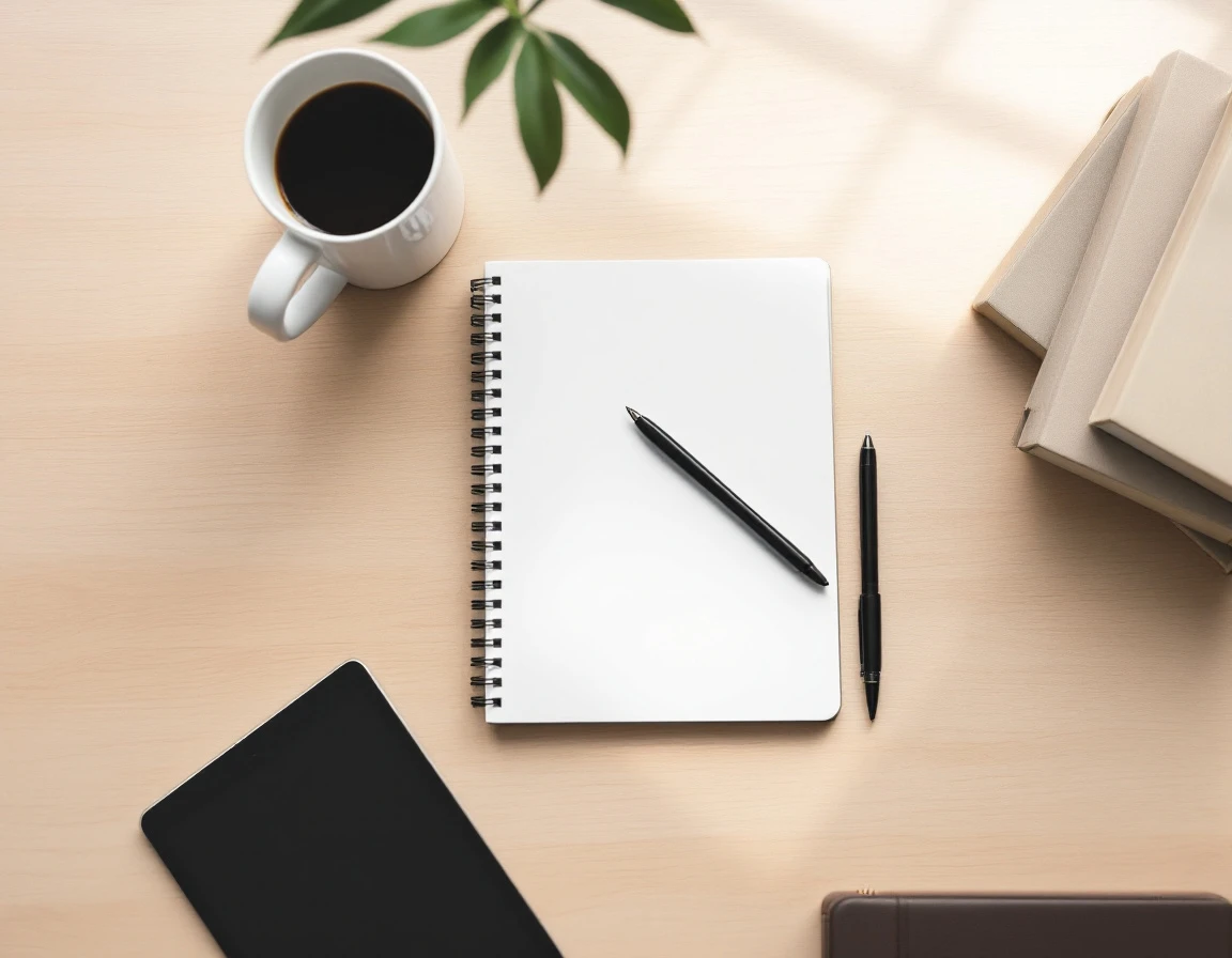 Minimalist desktop workspace with spiral notebook, pen, coffee mug, and closed books in natural lighting