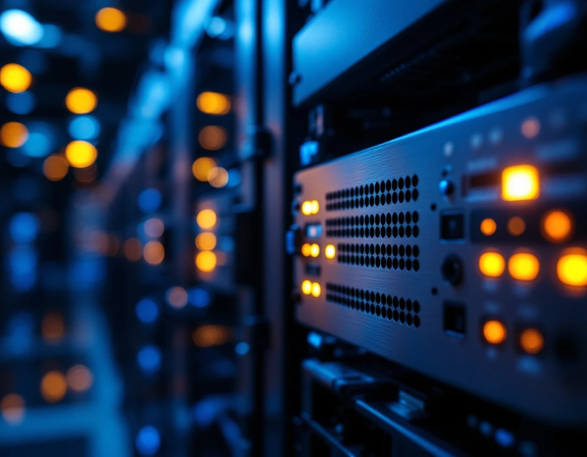 Server rack infrastructure showing status indicators and ventilation systems in enterprise data center