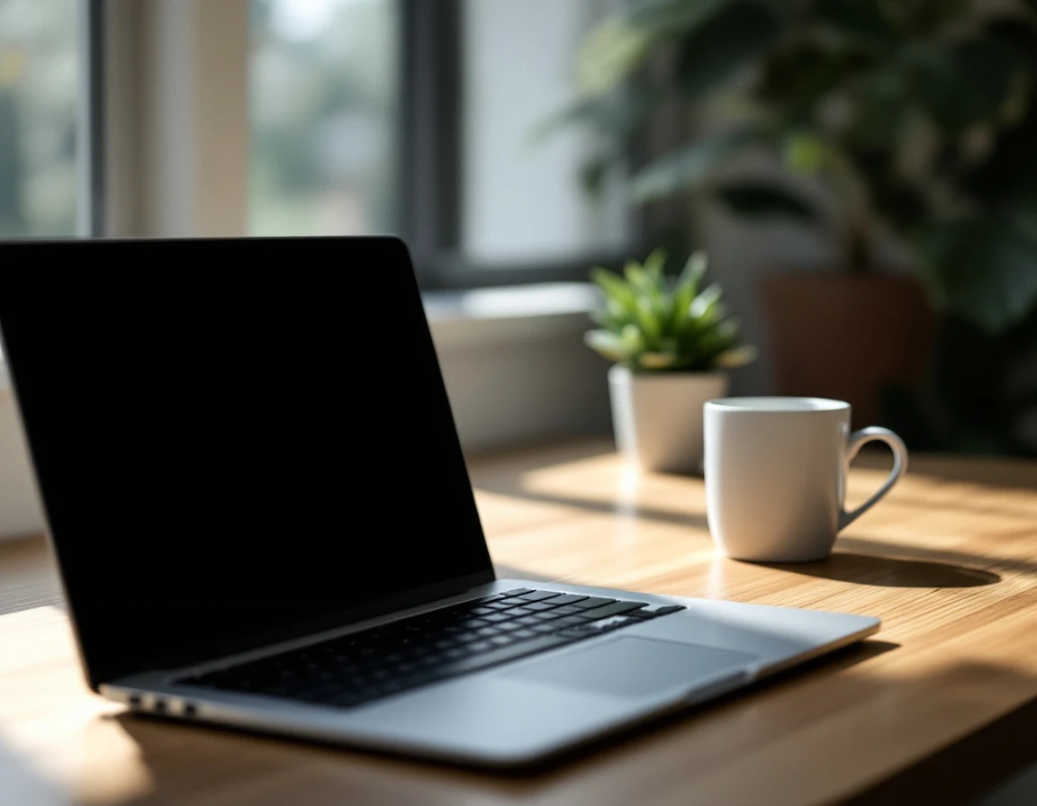 Laptop with dark screen on wooden desk with coffee mug and plant in natural morning light