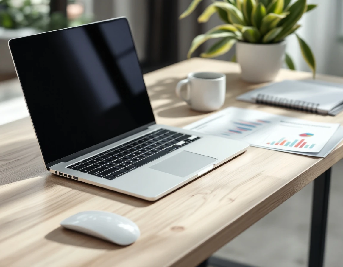 Modern workspace with closed laptop, printed analytics charts, and coffee mug in natural window light