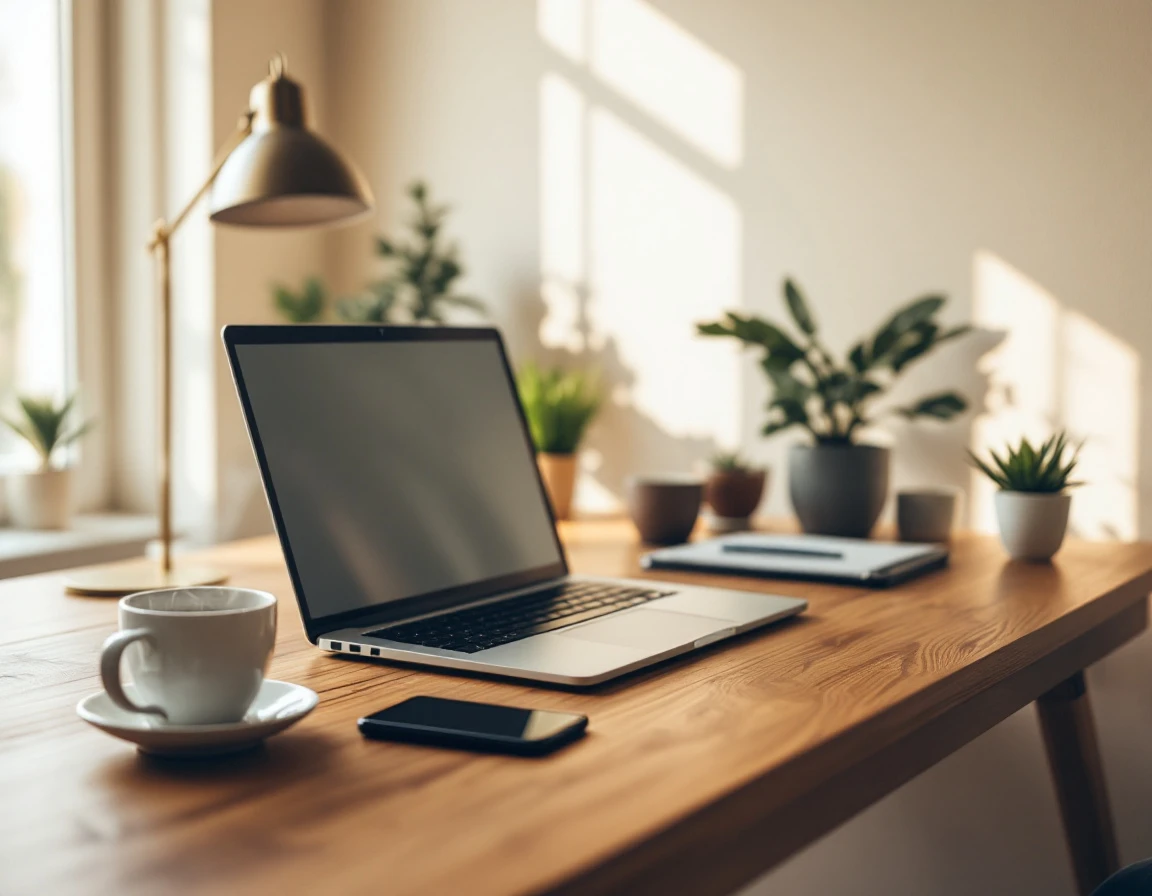 Organized workspace with laptop and coffee mug on wooden desk in warm natural lighting