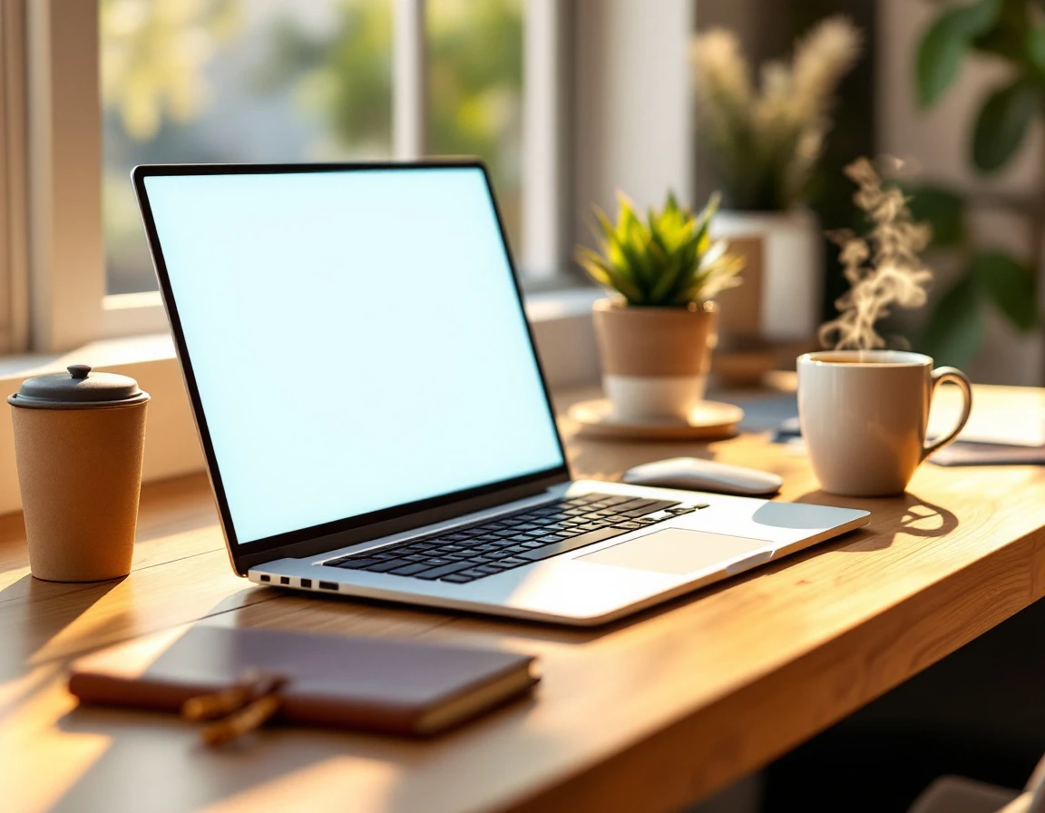 Laptop on wooden desk with notebook and coffee in sunlit workspace