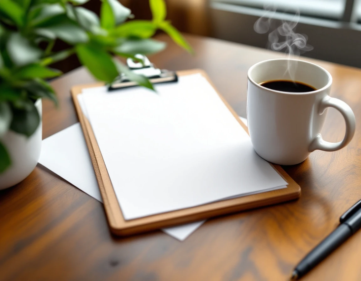 Wooden clipboard with blank papers, pen, and coffee mug on an organized HR desk for compliance documentation
