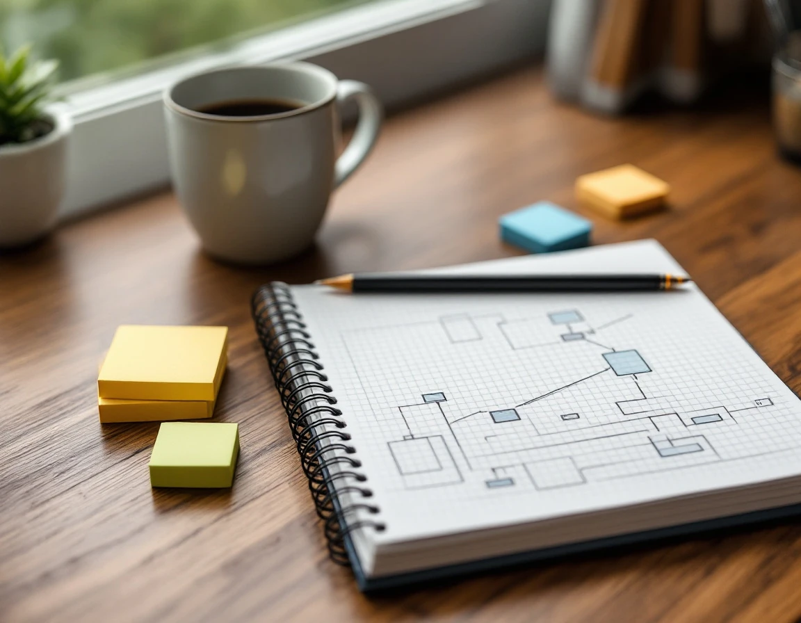 Notebook with framework sketches and colored sticky notes on wooden desk with coffee mug
