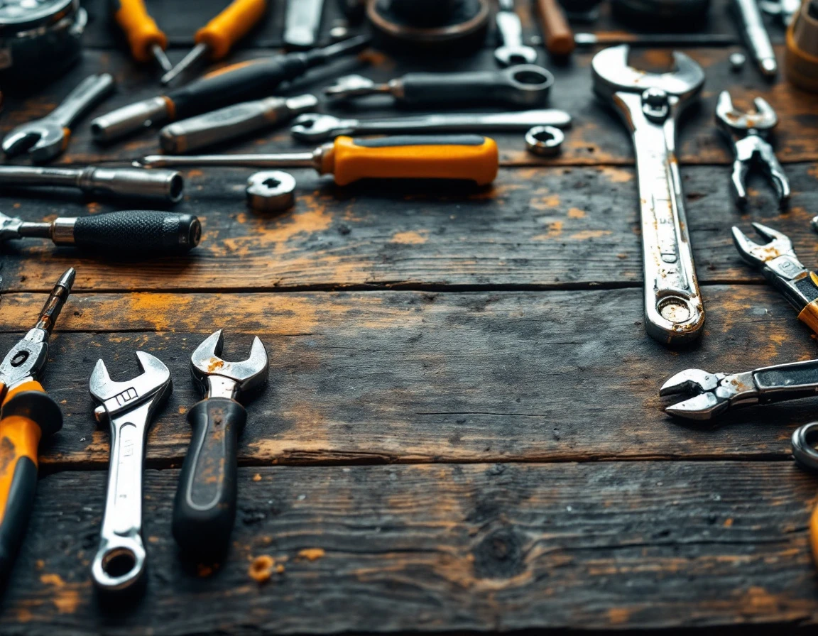 Close-up of well-used hand tools on a workshop desk showing wear patterns from repeated practice and skill building