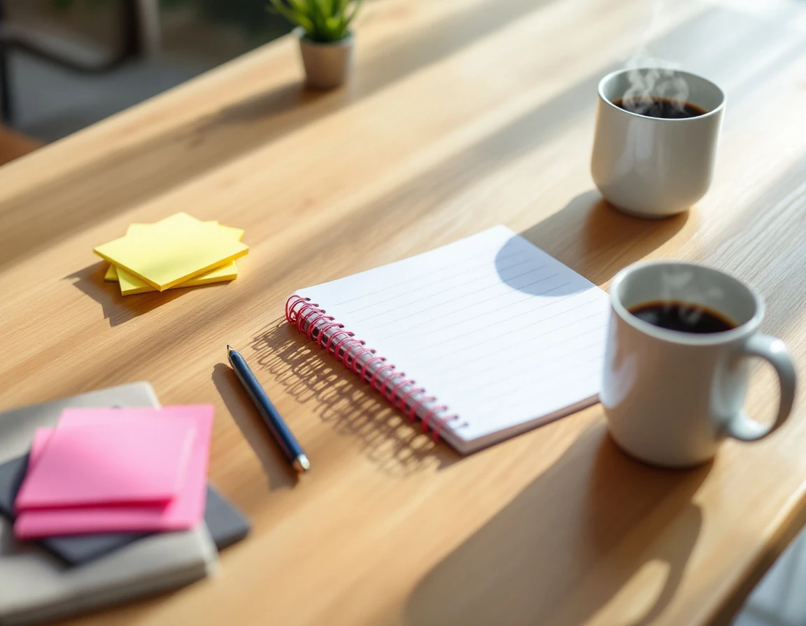 Training workspace with notebook, sticky notes, and coffee mug on wooden table in natural lighting