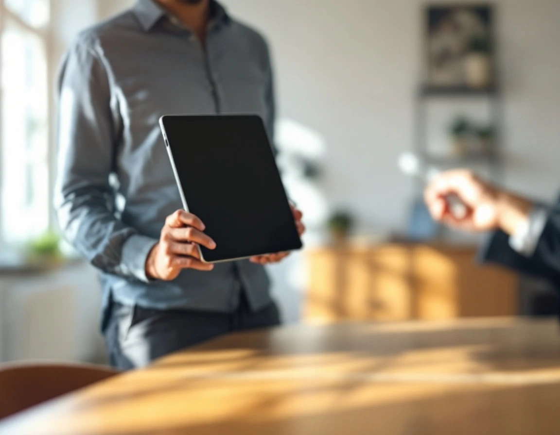Professional holding tablet in corporate training environment with device screen turned away from view