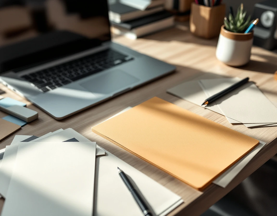 Professional desk workspace with training materials, laptop, and organized development resources
