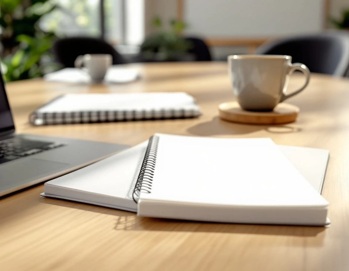 Clean desk setup with blank notebook and training materials in natural window light