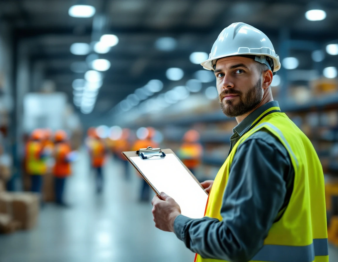 Warehouse manager with clipboard overseeing worker training in industrial facility