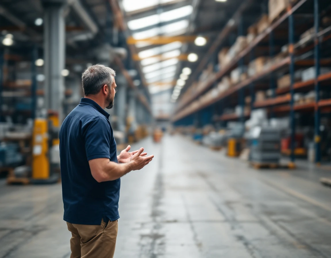 Manager gesturing while in conversation with warehouse worker during frontline coaching session