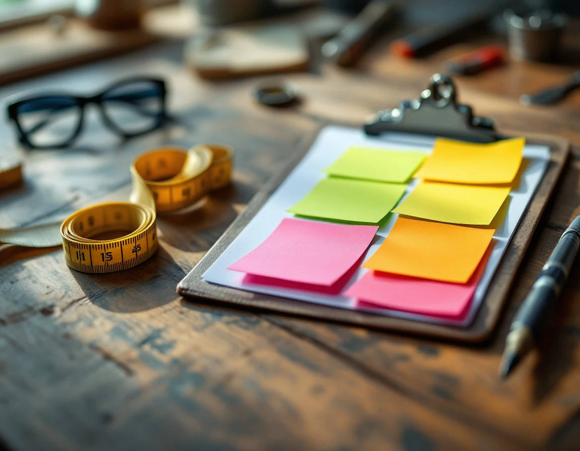 Workshop table with clipboard, colorful sticky notes, and training tools arranged in progression pattern