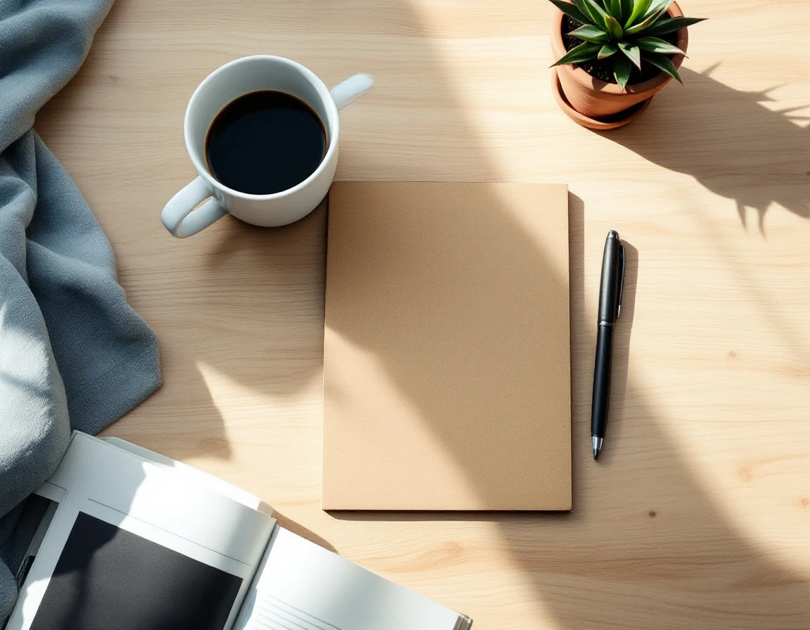 Clean workspace with blank notepad, coffee, and pen ready for first-day workplace preparation