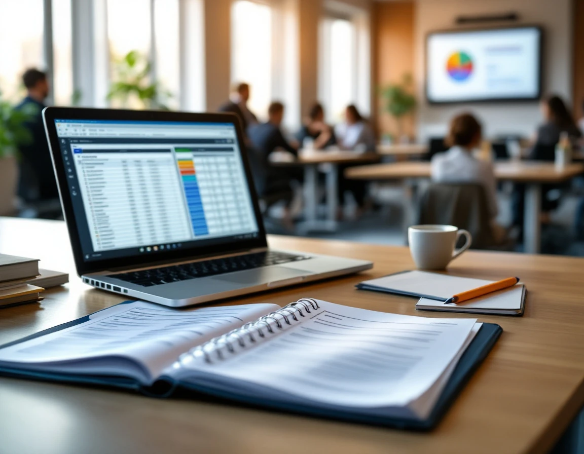 Training workspace with compliance materials in foreground and corporate training room visible in background