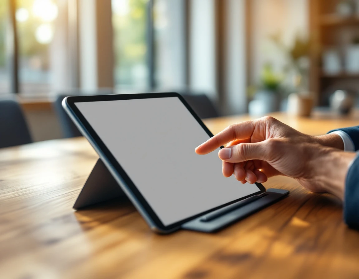 Professional hands using tablet device on wood conference table with natural window lighting