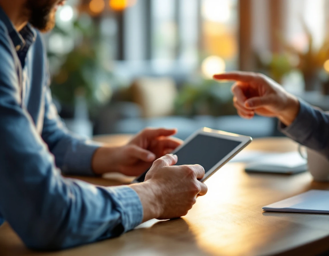 Two employees collaborating with tablet device during workplace training session in modern office setting