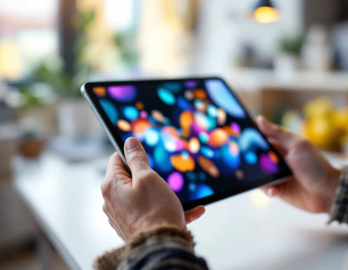 Hands holding tablet with blurred interface in retail training office environment