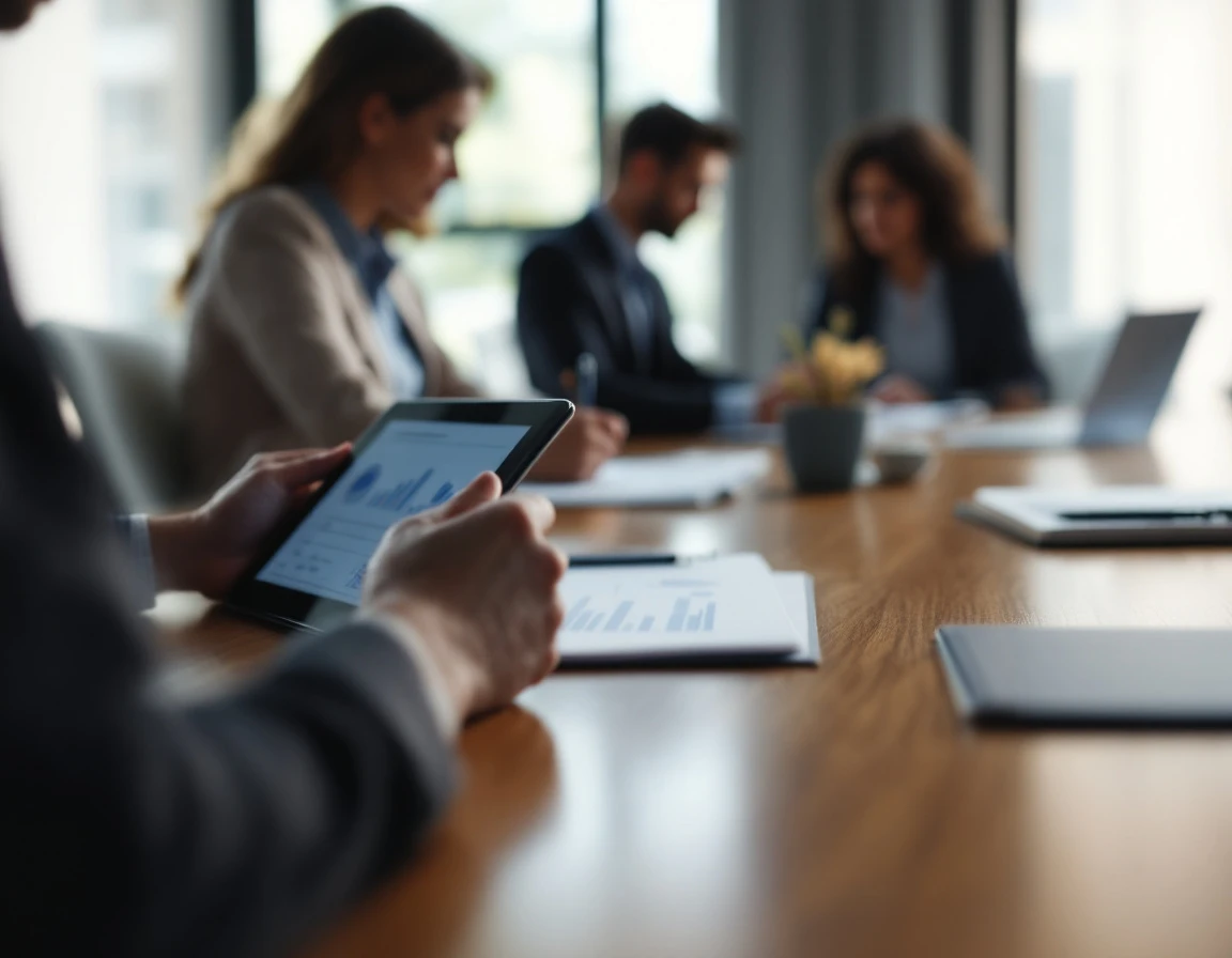 Corporate training materials on conference table with professionals in discussion about ethics standards