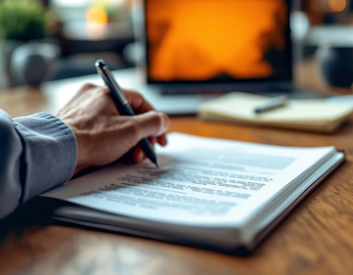 Corporate training materials and notebook on wooden conference table with professional reviewing ethics content