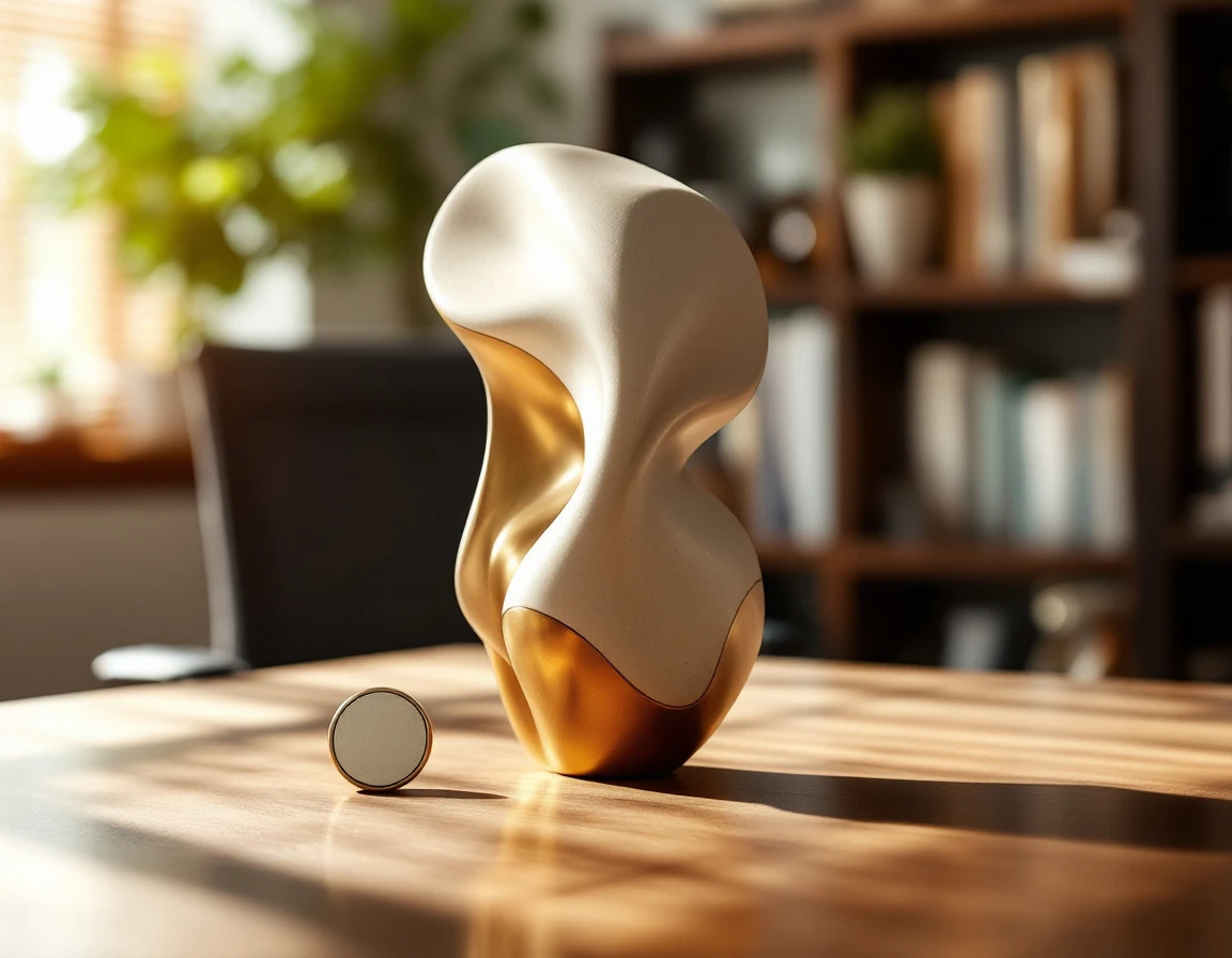 Ceramic trophy with abstract sculptural design on office desk with natural window lighting