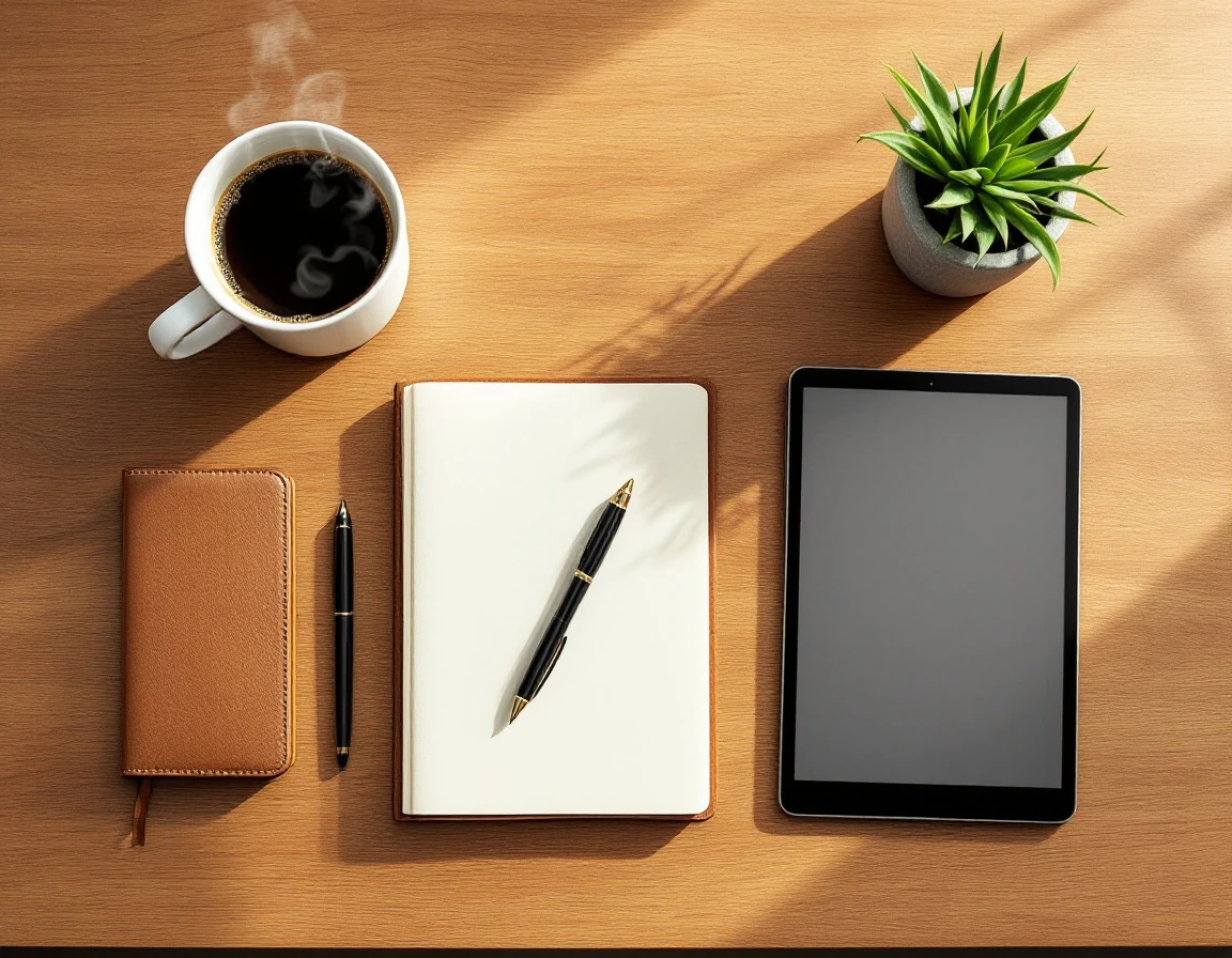 Overhead view of minimalist workspace with coffee, notebook, and tablet on warm wood desk