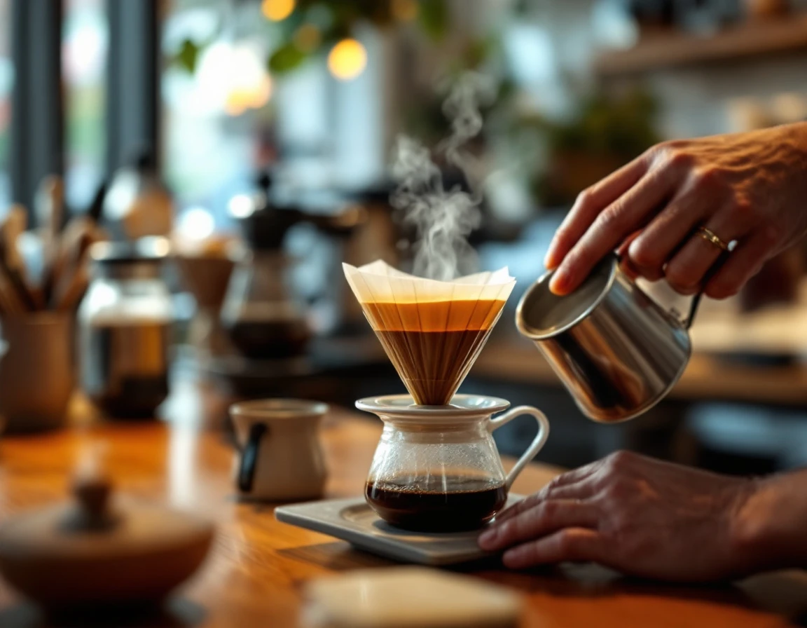 Hands carefully preparing pour-over coffee with precision and attention to detail at cafe counter