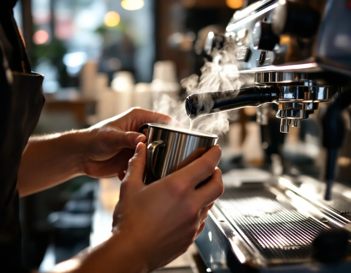Barista hands expertly steaming milk at espresso machine during peak morning service hours