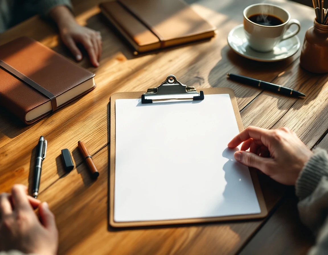 Professional training workspace with blank clipboard, notebooks, and coffee cup on wooden desk with natural lighting