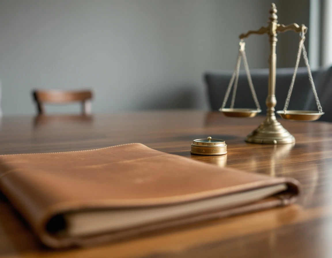 Three objects on a conference table representing core judgment competencies in professional training