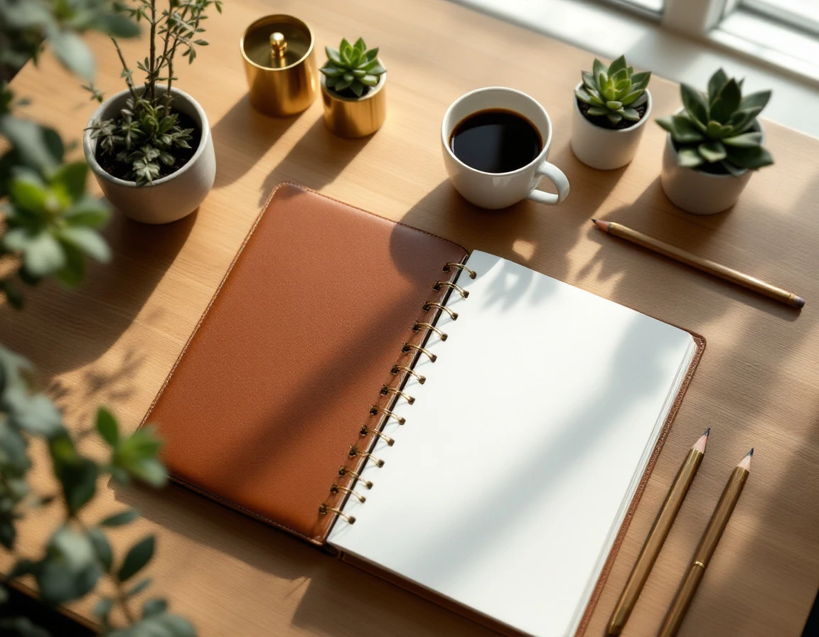 Closed planner and planning tools arranged on wooden desk with coffee and plants