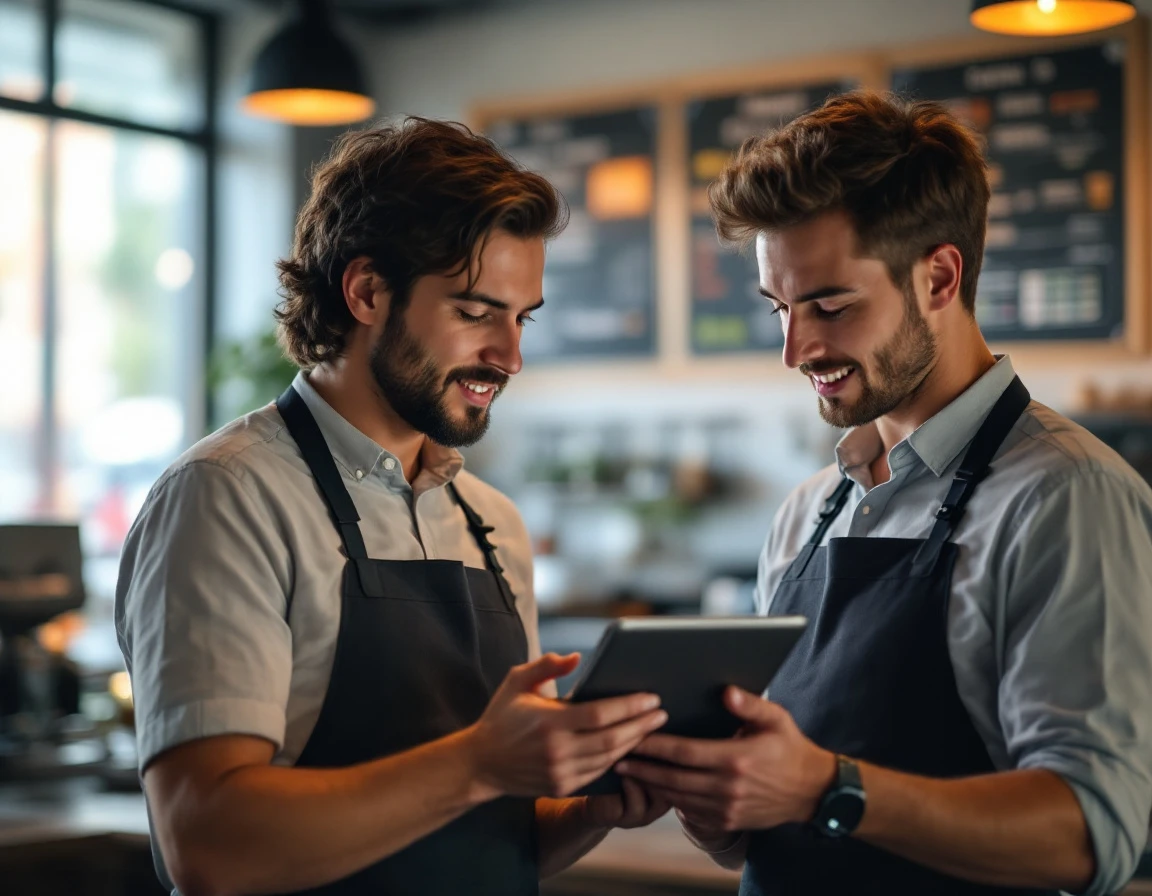 Two café employees reviewing a training module on a tablet in a coffee shop setting