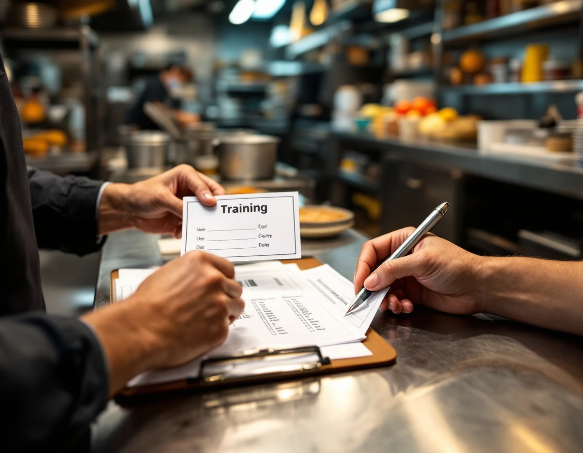 Hands holding training materials in a commercial restaurant kitchen prep area
