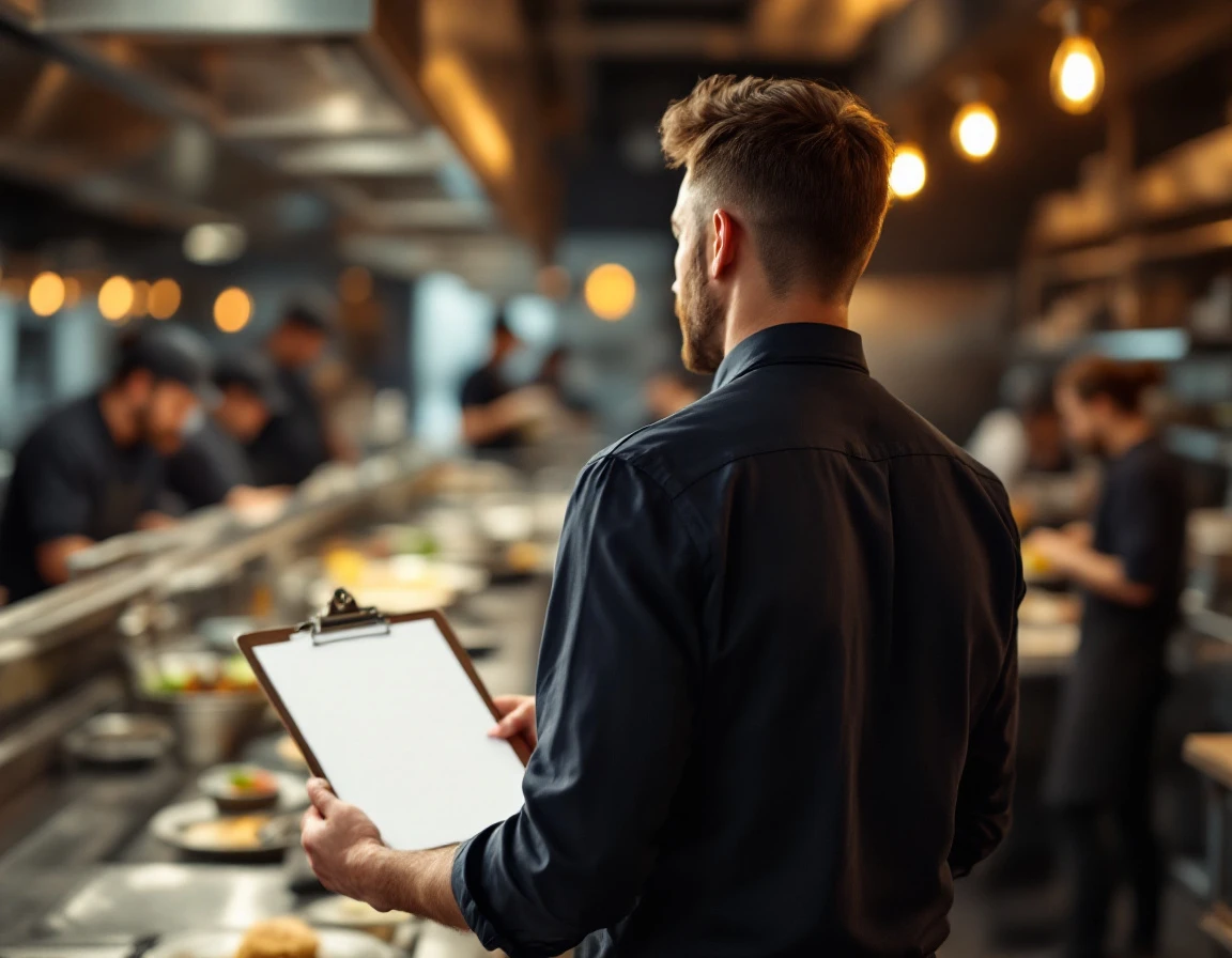 Restaurant manager with clipboard observing kitchen staff during busy dinner service rush