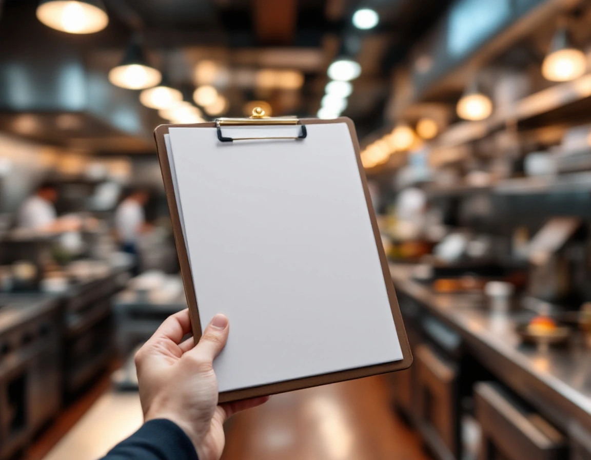 Manager holding clipboard with blank observation checklist in busy restaurant kitchen during service