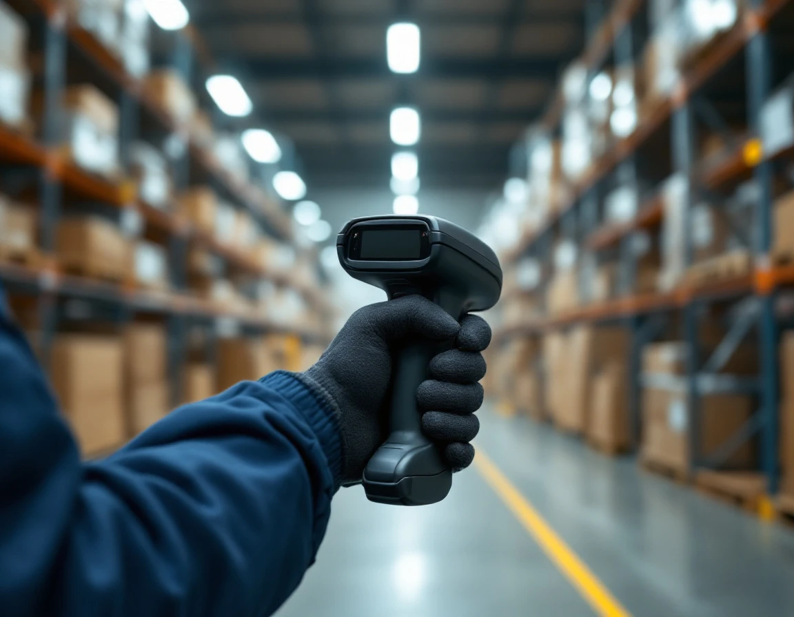 Warehouse worker holding industrial scanner amid cardboard boxes and modern distribution center equipment