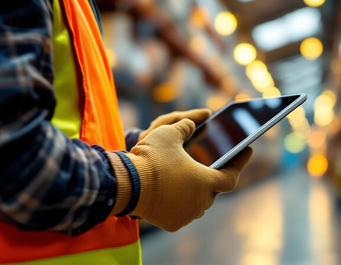 Warehouse worker's hands holding tablet device during on-site digital training session in industrial facility