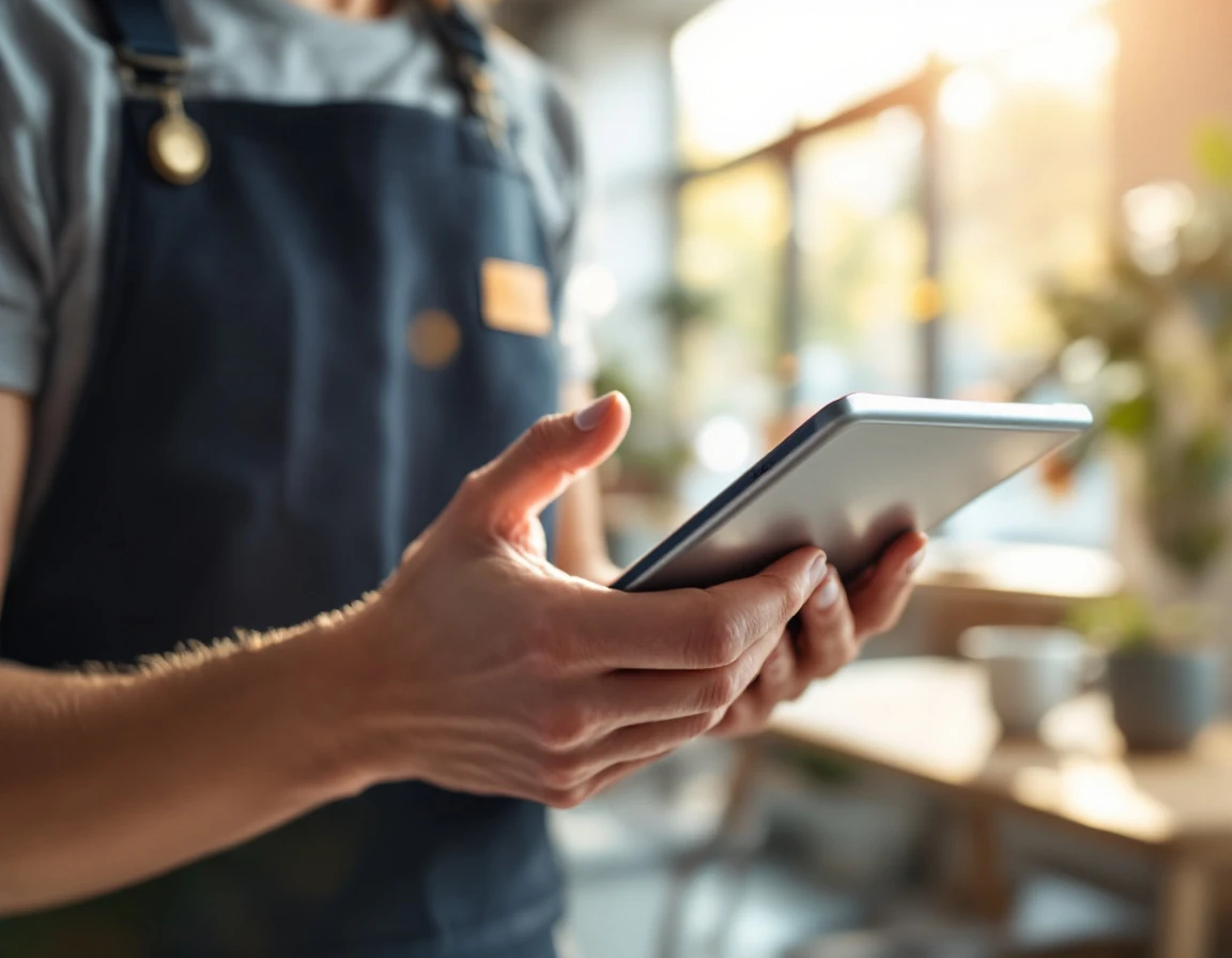 Retail employee holding tablet device in training environment with screen deliberately blurred to show no text