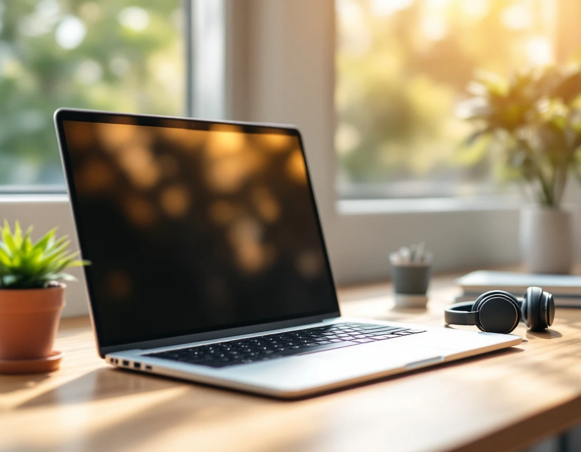 Laptop on desk with blurred screen and natural window lighting creating focused learning atmosphere