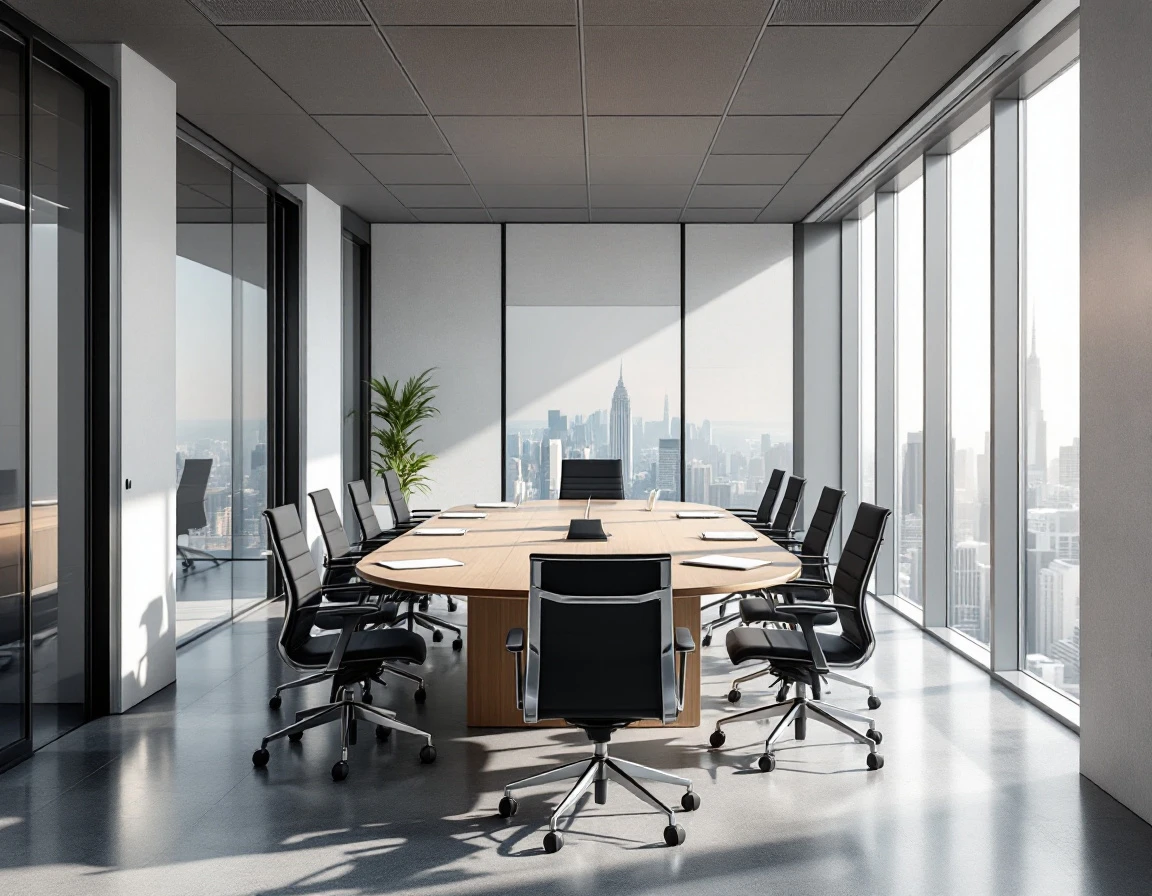Empty corporate training room with conference table and city view windows after compliance session