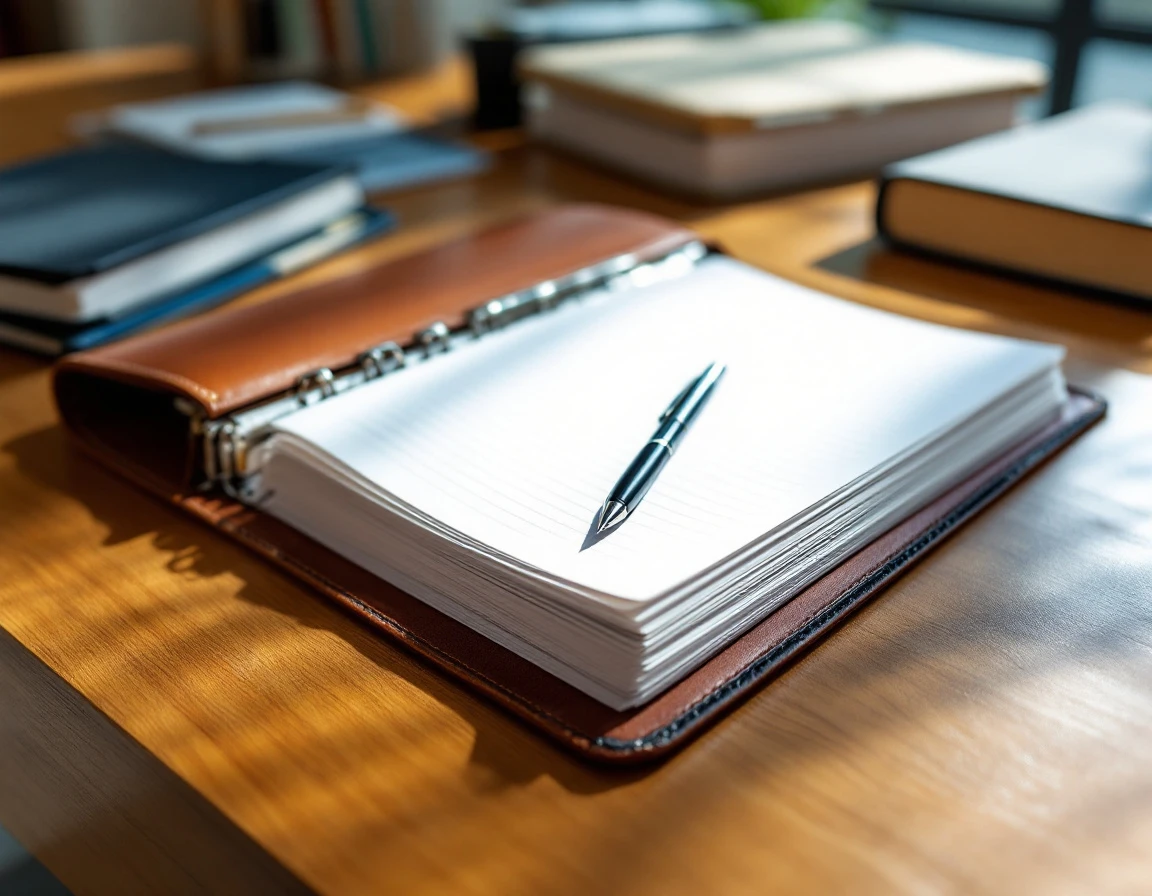 Organized documentation binder on office desk with pen and tabbed sections for systematic record-keeping