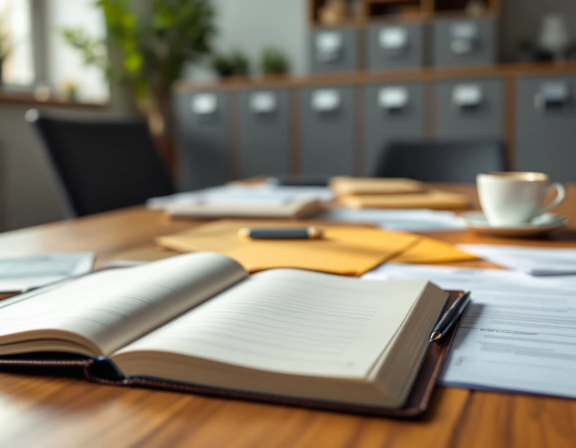 Office desk with employee handbook, compliance folders, and training documentation materials